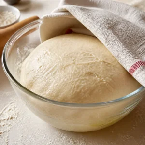 Puffy risen dough resting in an oiled bowl