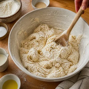 Shaggy bread dough being mixed in a large bowl