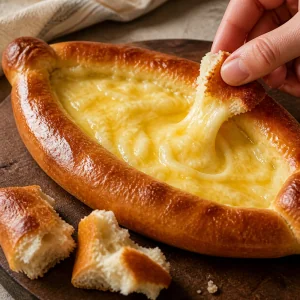 Torn khachapuri crust dipped into melted cheese filling