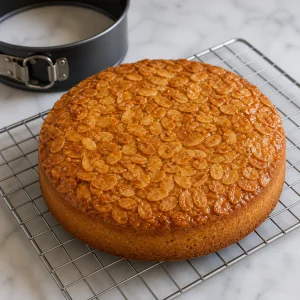 Baked cake cooling with a golden almond topping