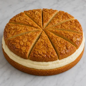 Bee Sting Cake assembled with cream and a pre-cut almond top