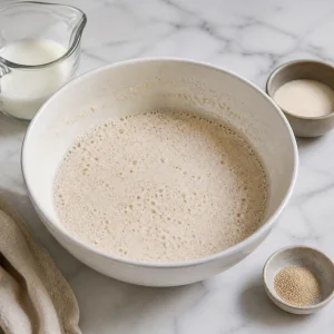Foamy yeast mixture in a mixing bowl