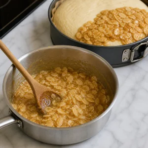Honey almond topping in a saucepan beside risen dough