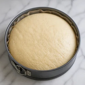 Puffy yeast dough pressed into a round springform pan