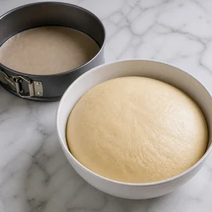 Risen yeast dough beside a parchment-lined springform pan