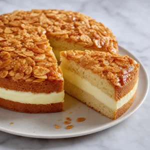 Sliced German Bee Sting Cake with vanilla cream and honey almond topping