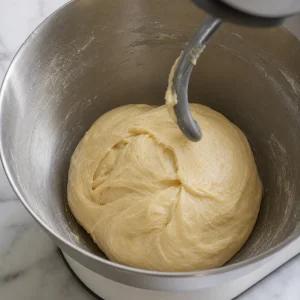 Smooth yeast dough being kneaded in a mixing bowl