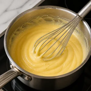 Thick vanilla custard cooking in a saucepan