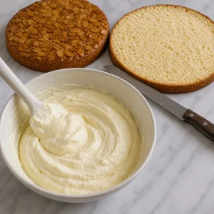Vanilla cream being folded beside split cake layers