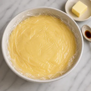 Vanilla custard covered with plastic wrap for chilling
