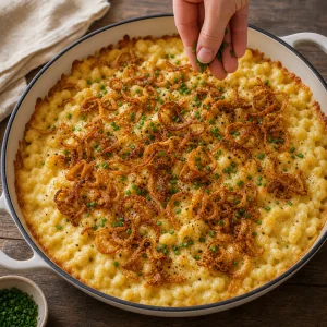 Cheese spaetzle finished with crispy onions and chives