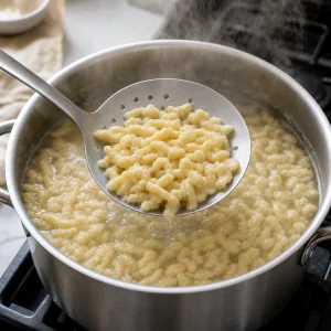 Cooked spaetzle lifted from simmering water with a slotted spoon