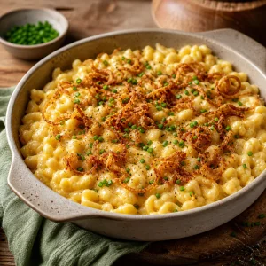 Finished cheese spaetzle topped with crispy onions and chives
