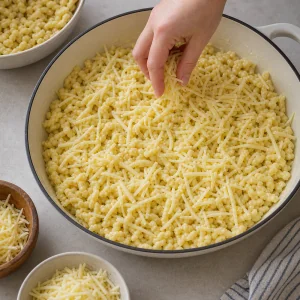 Shredded cheese scattered over cooked spaetzle