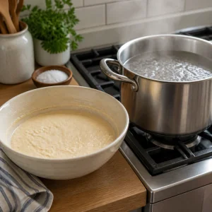 Spaetzle batter resting beside a pot of simmering water