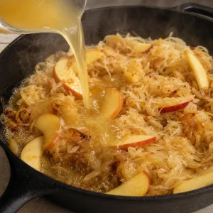 Broth poured into simmering sauerkraut and apples in a skillet