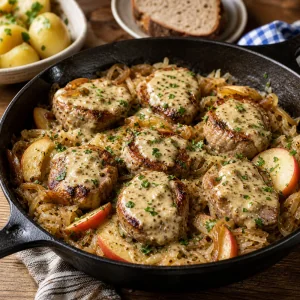 Finished pork medallions over sauerkraut with parsley in a skillet