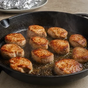 Pork medallions searing golden in a cast iron skillet