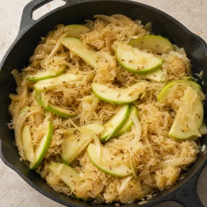 Sauerkraut mixed with apple slices and caraway in the skillet