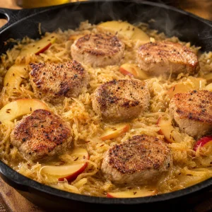 Seared pork medallions nestled in simmering sauerkraut with apples