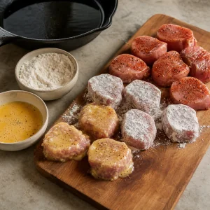 Seasoned pork medallions with flour and beaten egg on a board