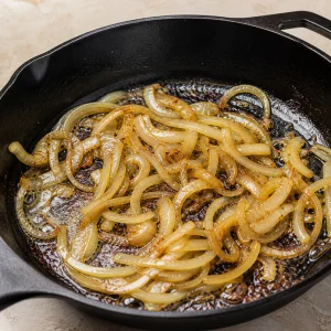 Sliced onions caramelizing in butter in a cast iron skillet