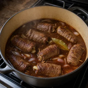Browned rouladen in braising liquid with a bay leaf