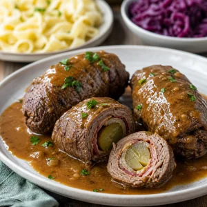 Finished German rouladen with brown gravy and parsley