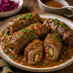 Finished rouladen spooned with gravy and parsley