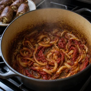 Onions and tomato paste cooking in the pot