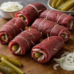 Raw beef rolls secured before cooking