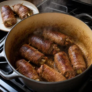 Rouladen browning in a Dutch oven