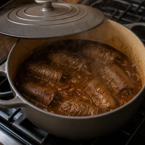 Rouladen gently braising in a covered pot