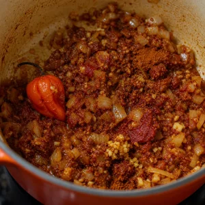 Aromatics, chile, tomato paste, and spices cooking in the pot