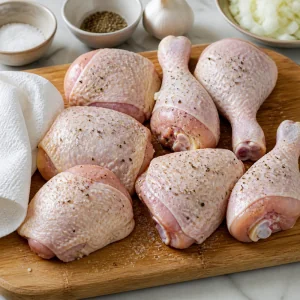 Raw chicken pieces seasoned with salt and pepper