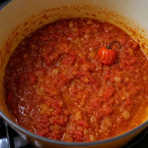 Thick tomato base simmering with oil at the edges