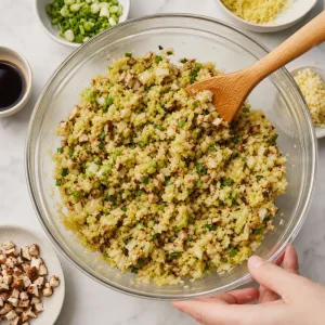 Cabbage mushroom green onion ginger garlic soy sauce and sesame oil filling mixed in a bowl