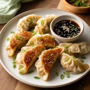 Pan-fried ginger cabbage vegetable dumplings with soy dipping sauce