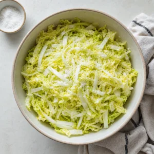 Shredded napa cabbage tossed with salt in a large mixing bowl