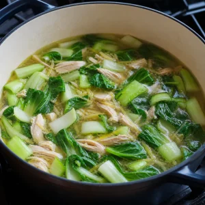 Baby-Pak-Choi koechelt mit gezupftem Haehnchen in Ingwerbruehe