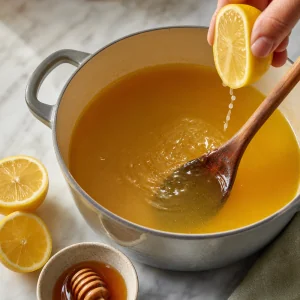 Jugo de limón fresco mezclado en caldo colado de jengibre y cúrcuma con miel al lado