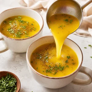 Caldo de jengibre y cúrcuma servido en tazones y adornado con perejil y pimienta negra