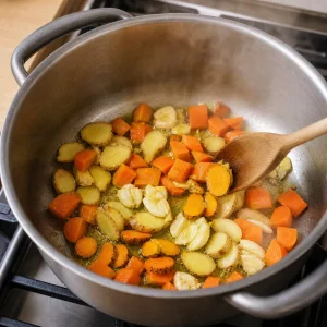 Jengibre, cúrcuma, ajo y zanahorias salteándose en aceite de oliva para caldo antiinflamatorio