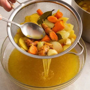 Caldo dorado colado por un tamiz fino mientras se presionan las verduras cocidas