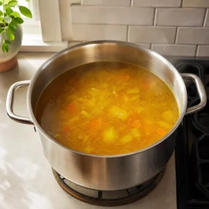 Caldo caliente de jengibre y cúrcuma reposando fuera del fuego en una olla grande antes de colarlo