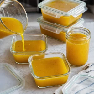 Caldo dorado sobrante de jengibre y cúrcuma vertido en recipientes herméticos de vidrio para guardar