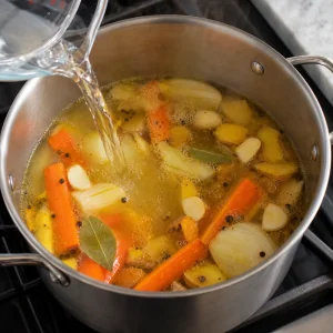Agua vertida en la olla con verduras, hojas de laurel, pimienta, sal y vinagre