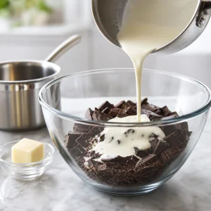 Panna calda versata sul cioccolato fondente tritato