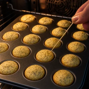 Mini lemon poppy seed muffins baked until puffed and tested with a clean toothpick.