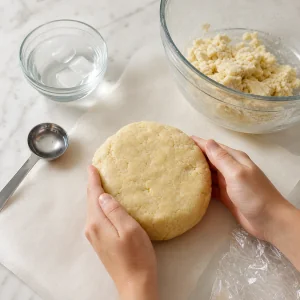 Glutenfreien Teig nach Zugabe von Eiswasser zu einer Scheibe formen